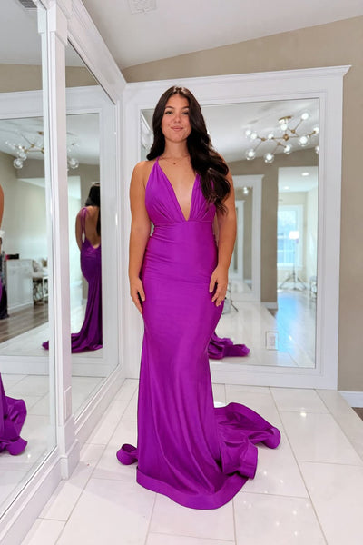 Charming Mermaid V Neck Purple Stretch Satin Prom Dress AB25111808