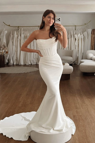 Elegant Strapless Satin Mermaid Wedding Dress AB26033002