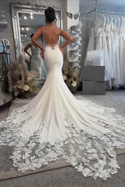 Romantic Mermaid V Neck Satin Wedding Dress with Appliques AB251021010