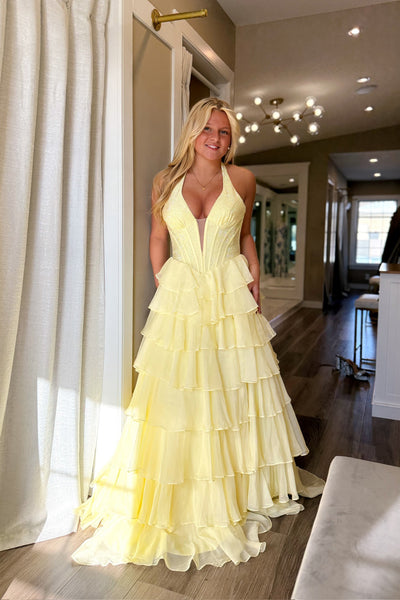 Fairy A Line V Neck Halter Daffodil Tiered Chiffon Prom Dress AB26070718
