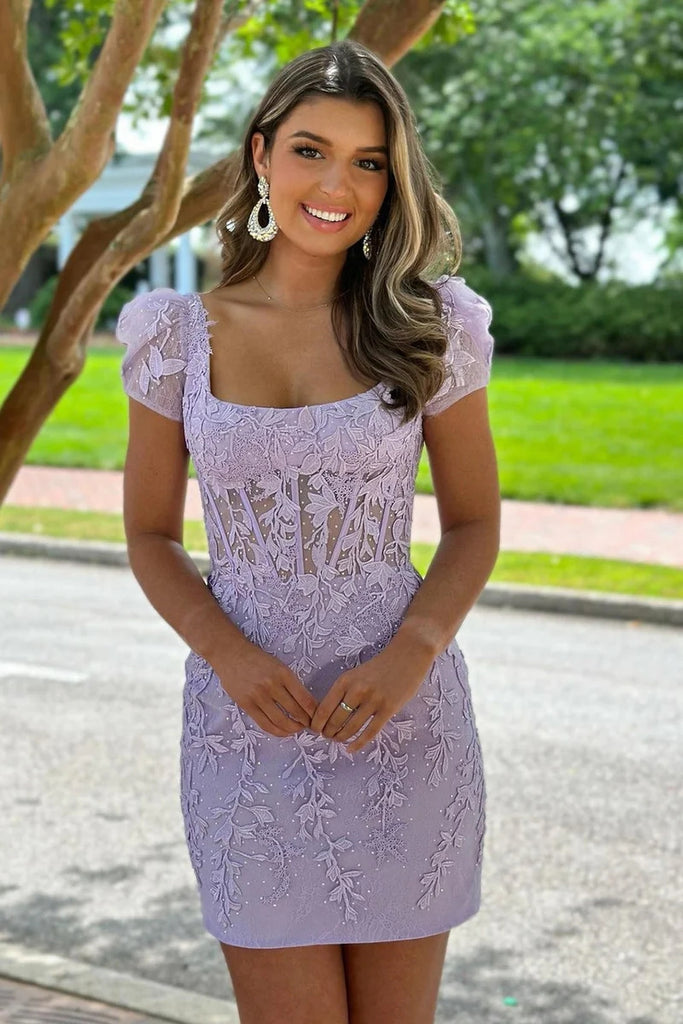 Cute Bodycon Square Neck Lavender Lace Short Homecoming Dresses with Cap Sleeves AB082201 Anniebride Cute Bodycon Square Neck Lavender Lace Short Homecoming Dresses with Cap Sleeves AB082201 Anniebride