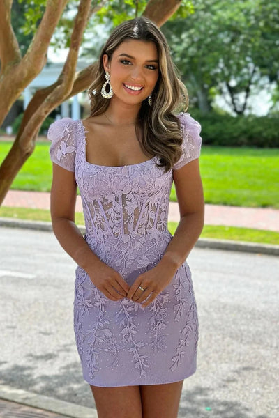Cute Bodycon Square Neck Lavender Lace Short Homecoming Dresses with Cap Sleeves AB082201