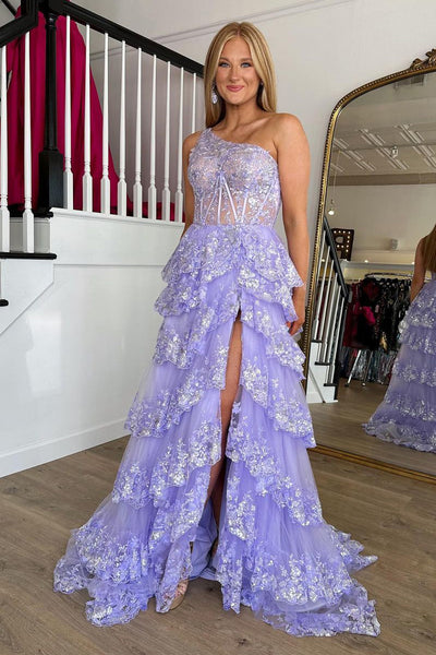 Charming A-Line One Shoulder Lilac Tulle Long Prom Dresses with Side Slit AB061802