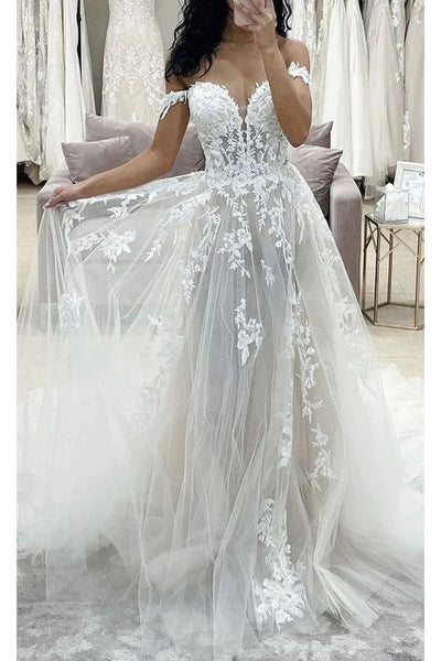 Fairy A Line Off the Shoulder Wedding Dresses with Appliques ABWD061802