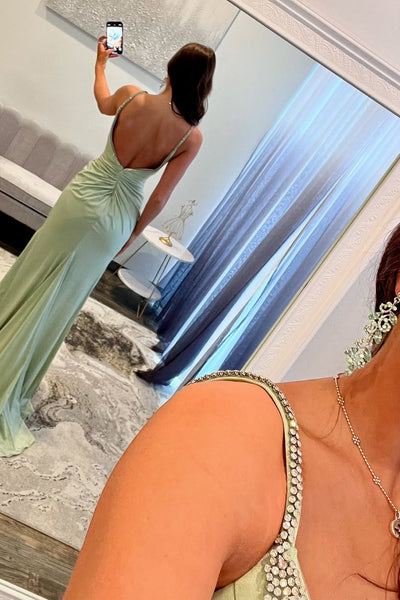 Charming Mermaid V Neck Sage Green Satin Prom Dress with Beading AB25012006