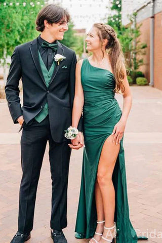 Cute One Shoulder Mermaid Green Satin Long Prom Dress with Slit AB25010307