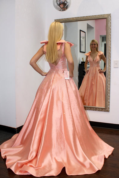 Glitter A Line V Neck Orange Satin Prom Dress with Hot Fix AB26012508