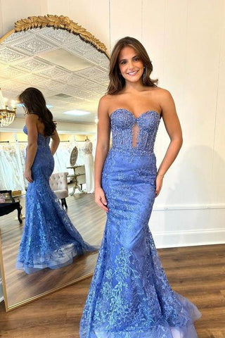 Sweetheart Mermaid Strapless Blue Lace Long Prom Dresses with Appliques