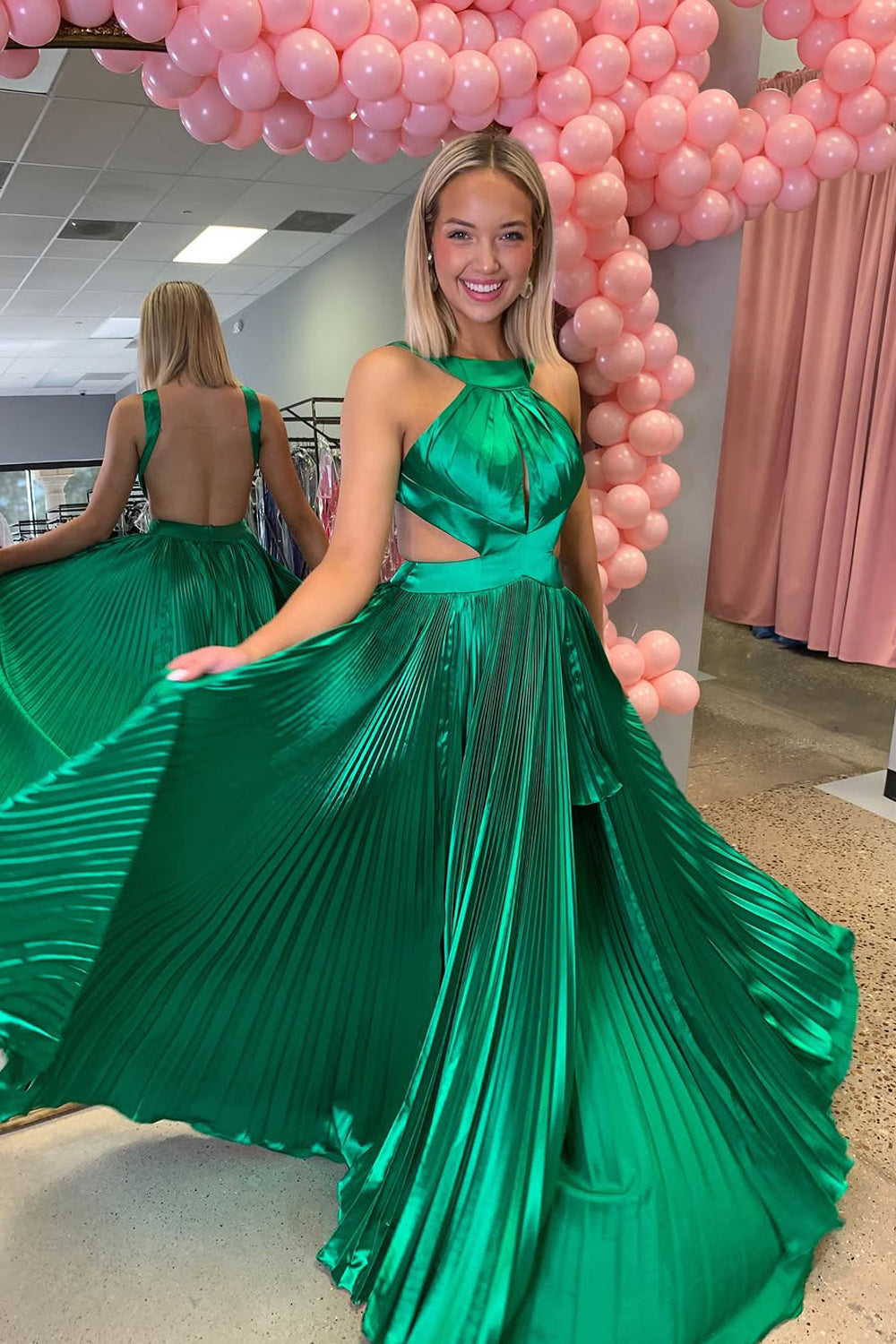 A-Line Halter Pleated Satin Long Prom Dresses with Slit AB25031605