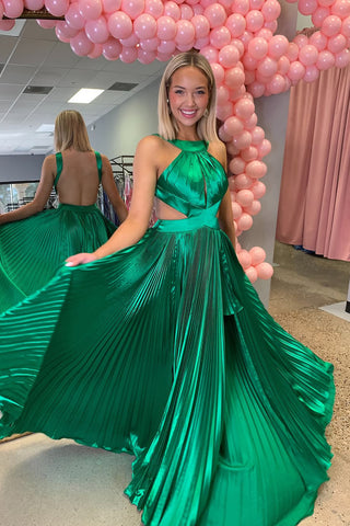 A-Line Halter Pleated Satin Long Prom Dresses with Slit AB25031605