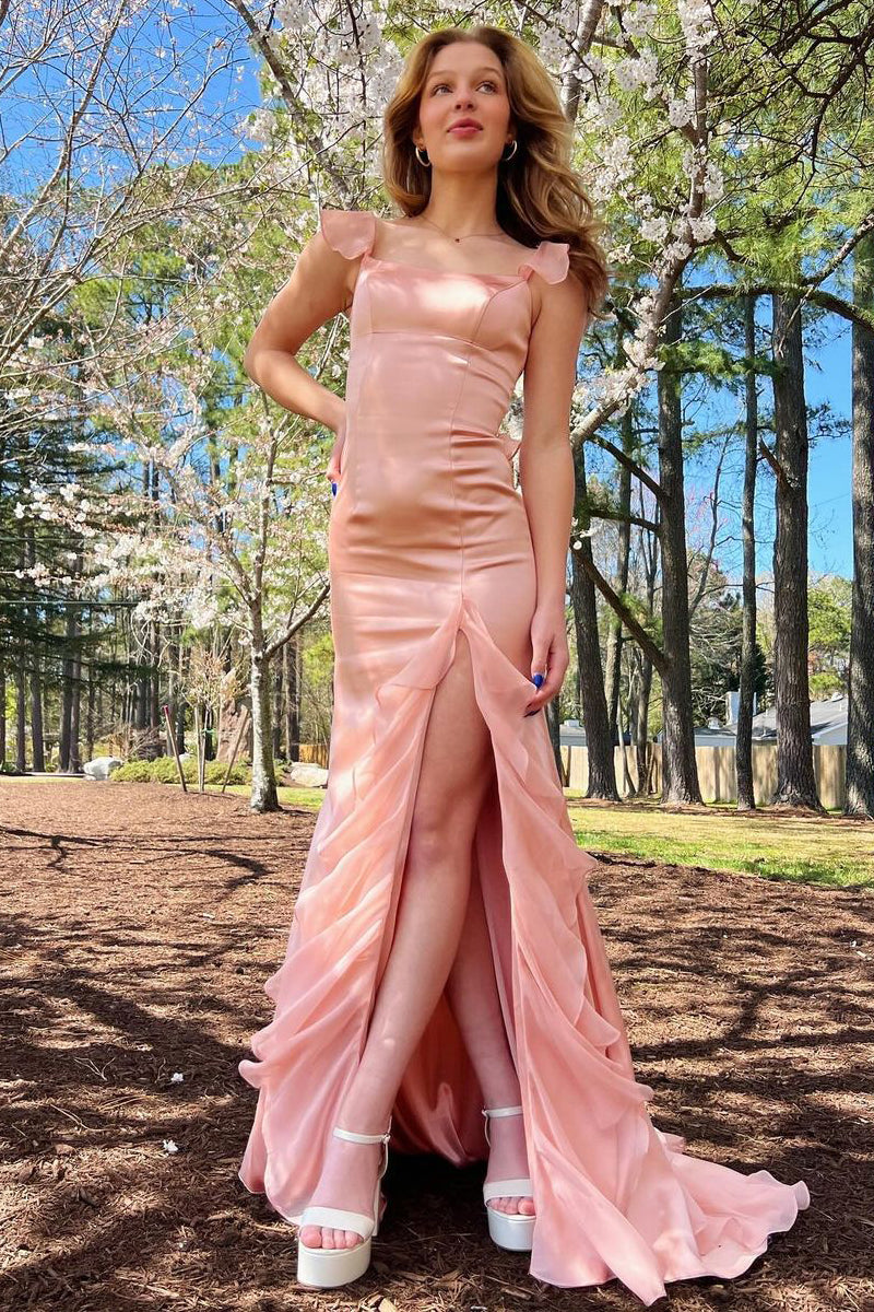 Pink Square Neck Ruffle Chiffon Long Prom Dress with Slit AB4041202
