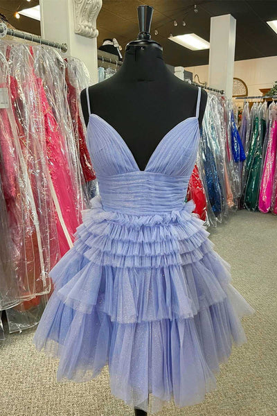 Cute A Line V Neck Blue Tulle Short Homecoming Dresses AB092901