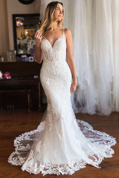 Elegant Mermaid V Neck Lace Long Wedding Dresses AB24100505