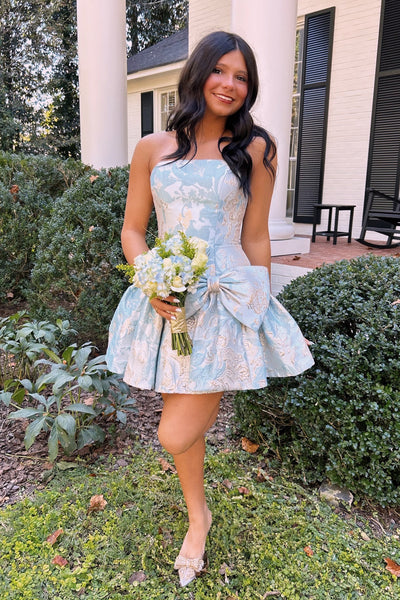 Cute A Line Strapless Light Blue Jacquard Satin Homecoming Dress AB26102808
