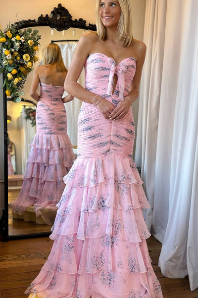 Cute Mermaid Sweetheart Pink Floral Chiffon Prom Dress AB26030501