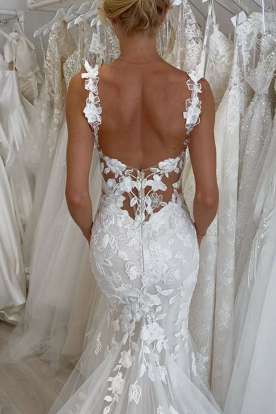Elegant Mermaid Square Neck Lace Wedding Dress with Appliques AB25061501