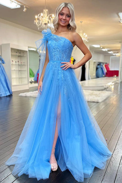 Cute A Line One Shoulder Blue Tulle Prom Dress with Appliques AB4011704