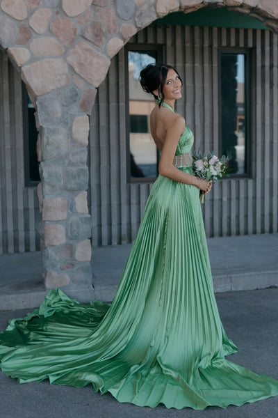 Stunning A Line Hatler Neck Green Pleant Satin Prom Dress with Beading AB26041708