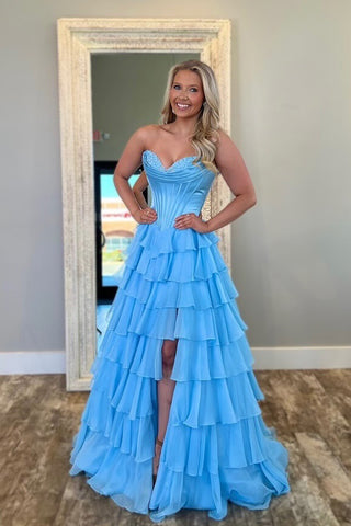 Cute Ball Gown Sweetheart Blue Chiffon Tiered Prom Dress with Slit AB25012001