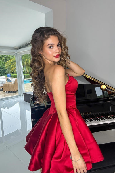 Cute Bodycon Sweetheart Red Satin Short Homecoming Dresses AB082206