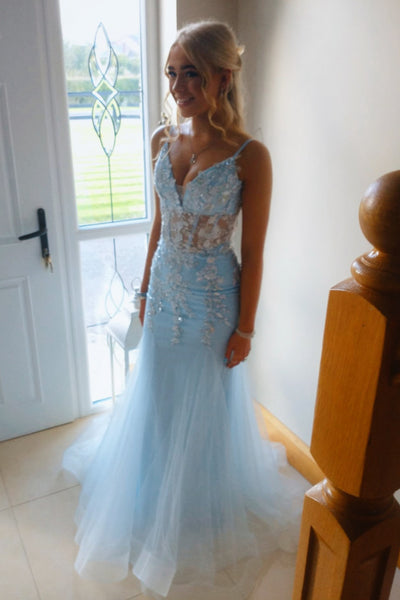 Mermaid V Neck Light Blue Tulle Prom Dress with Appliques AB26101605