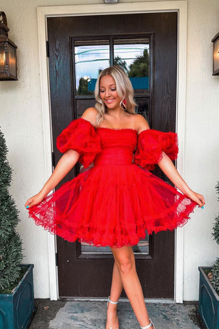 Sweet A Line Red Tulle Short Homecoming Dresses with Detachable Sleeves AB091703