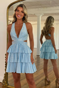 Cute A Line V Neck Light Blue Short Homecoming Dresses with Hot Stone Beading AB25061405