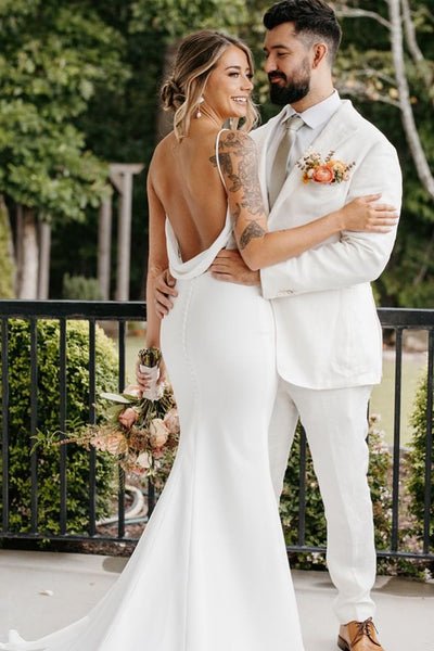 Elegant Mermaid V Neck Elastic Satin Long Wedding Dress AB25052802