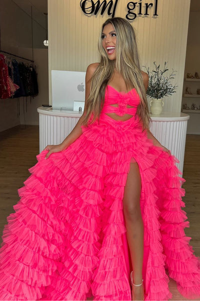 Cute A Line Sweetheart Pink Tulle Long Prom Dresses with Slit AB24100710