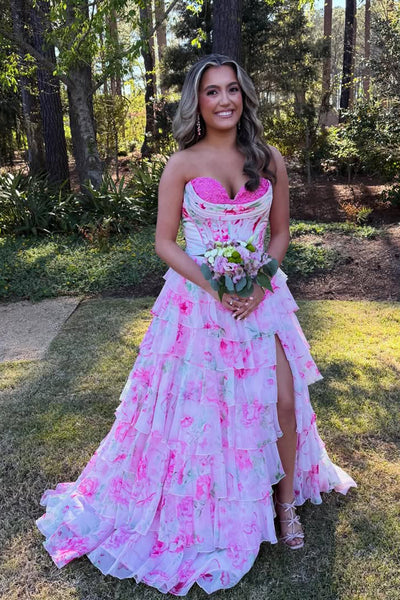 Cute A Line Sweetheart Pink Floral Chiffon Prom Dress with Slit AB26033004