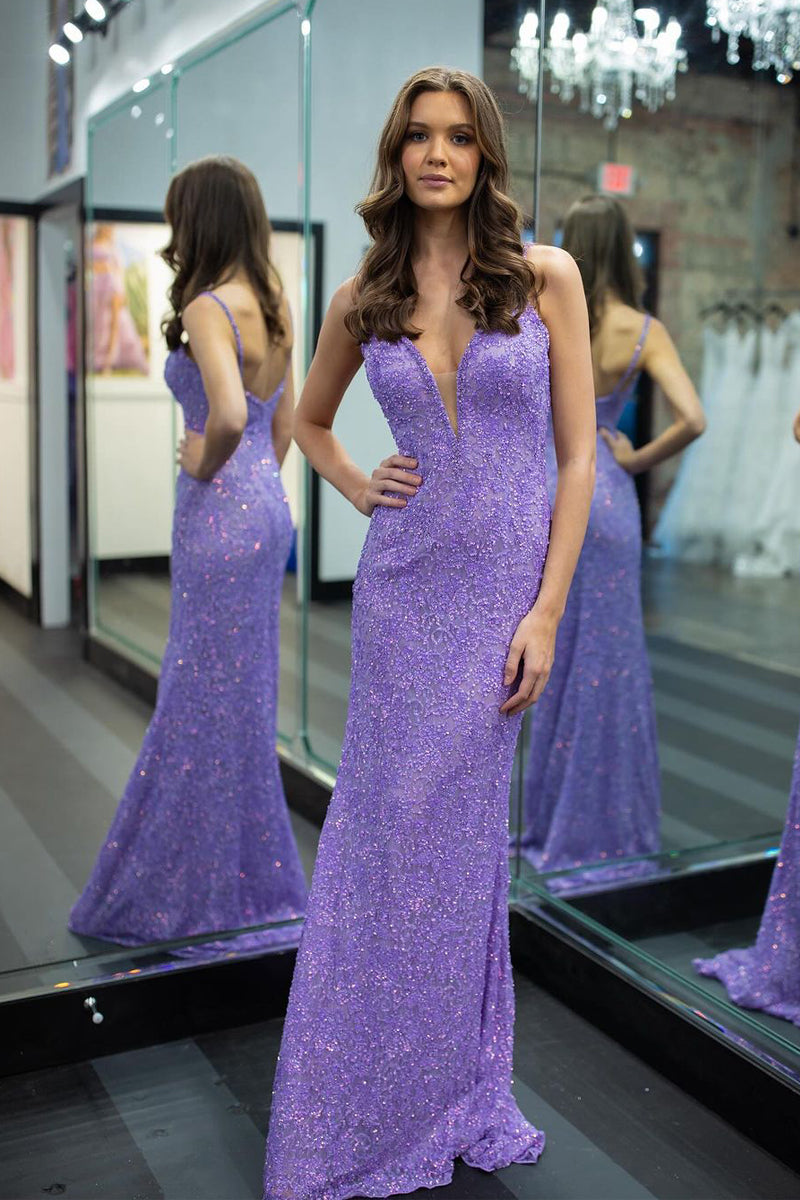 Mermaid V Neck Purple Sequins Long Prom Dress AB4020601