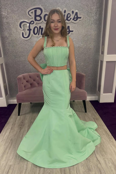 Gorgeous Mermaid Square Neck Mint Satin Prom Dress with Peals AB260110
