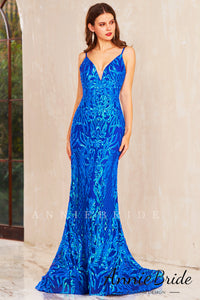 Charming Mermaid V Neck Royal Blue Sequins Long Prom Dress AB4010706