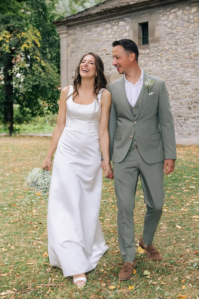 Sheath Square Neck White Satin Floor Length Wedding Dress AB25092310