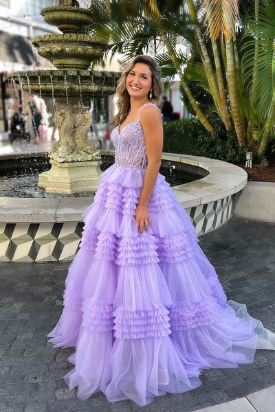Cute Ball Gown Sweetheart Lavender Tulle Tiered Long Prom Dresses with Appliques AB121302