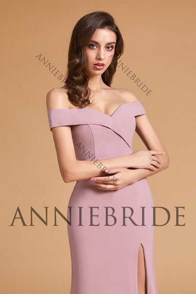 Elegant Sheath Off the Shoulder Blush Pink Elastic Satin Long Bridesmaid Dresses with Slit ABBD061807
