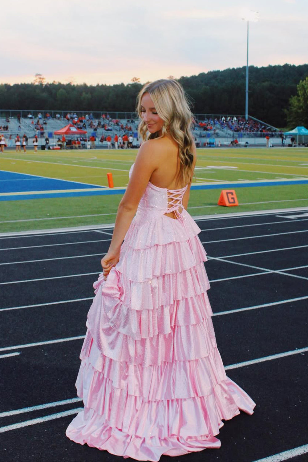 Fairy A Line Sweetheart Keyhole Pink Tiered Prom Dress with Hot Stone AB25092702