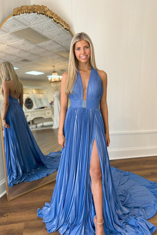 Blue Halter Backless Pleated Satin Long Prom Dresses AB4030105