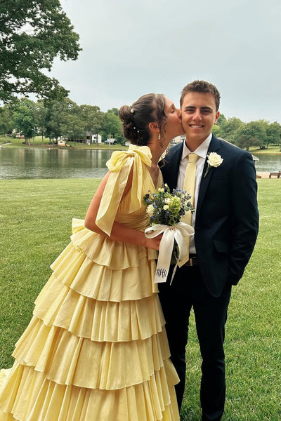Cute Ball Gown V Neck Yellow Satin Tiered Long Prom Dress AB25053103