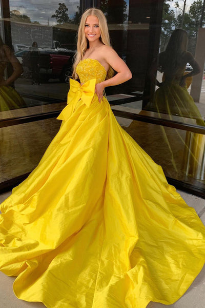 Two Piece Strapless Yellow Satin Long Prom Dresses with Bow AB4030805