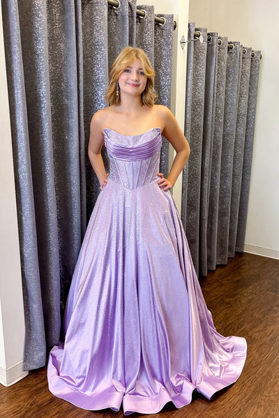 A-Line Strapless Pleats Lavender Hot Fix Satin Prom Dress with Beadings AB021505