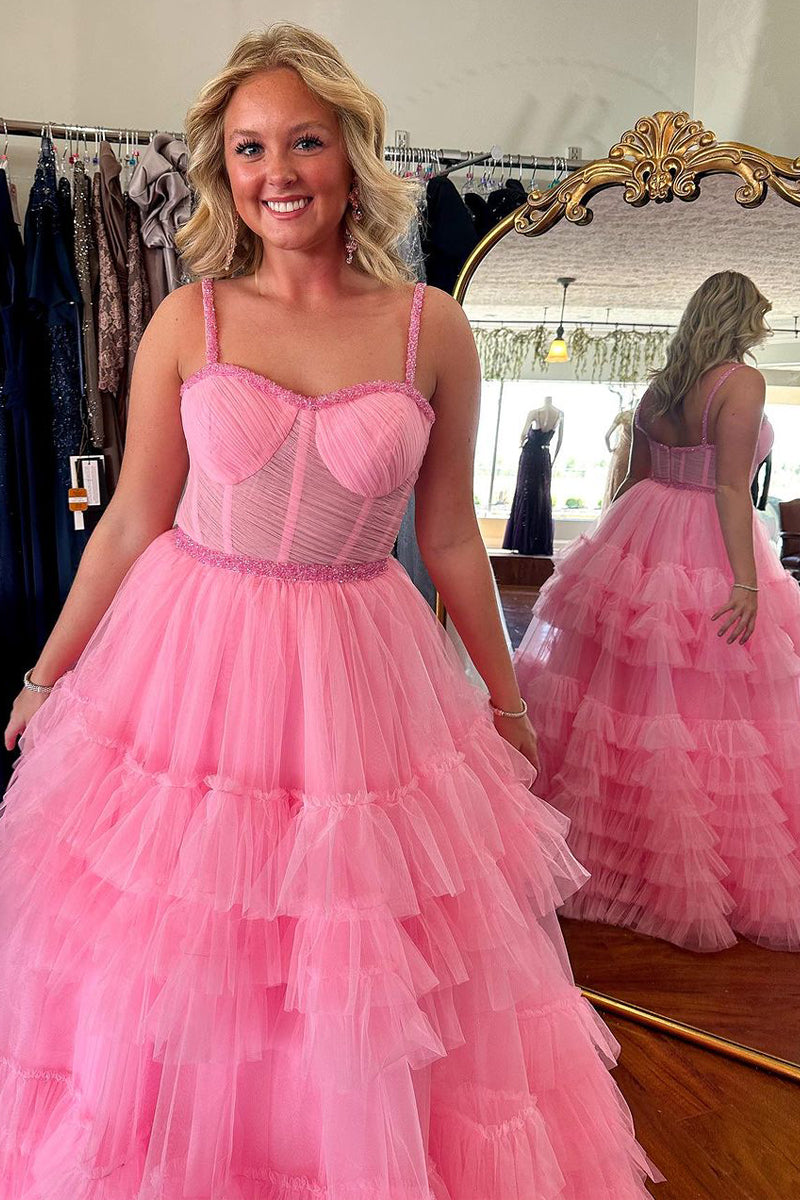 Cute A Line Sweetheart Ruffle Tiered Tulle Prom Dress with Beading AB4051002