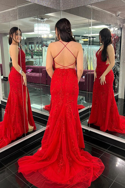 Cute Mermaid V Neck Red Lace Prom Dress with Slit AB4012805