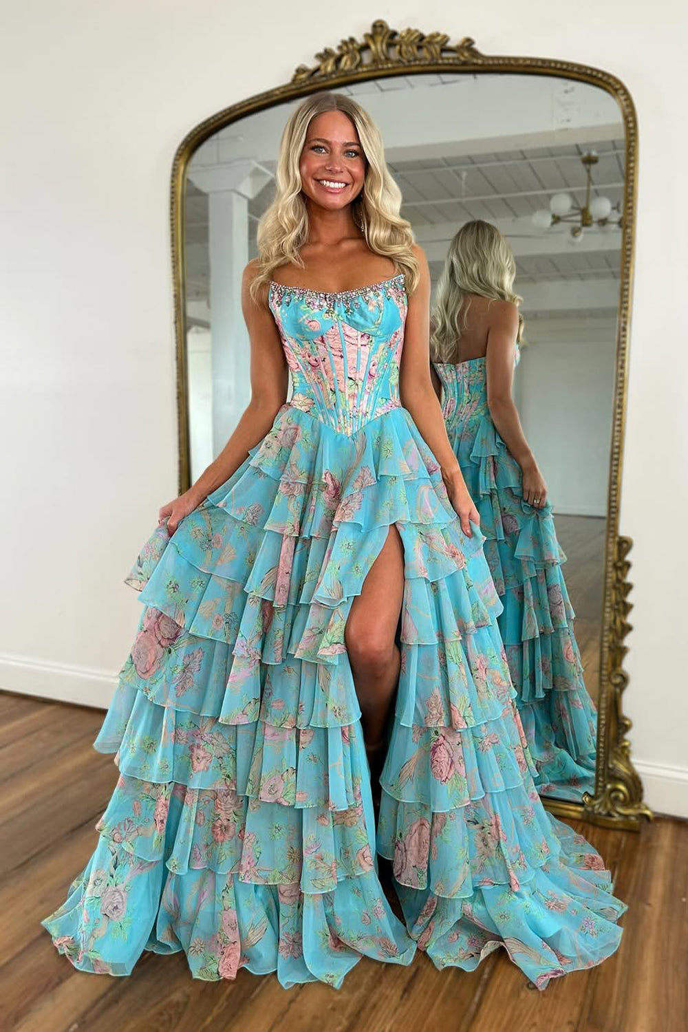 Cute A Line Scoop Neck Tiered Chiffon Prom Dress with Beading AB25102902