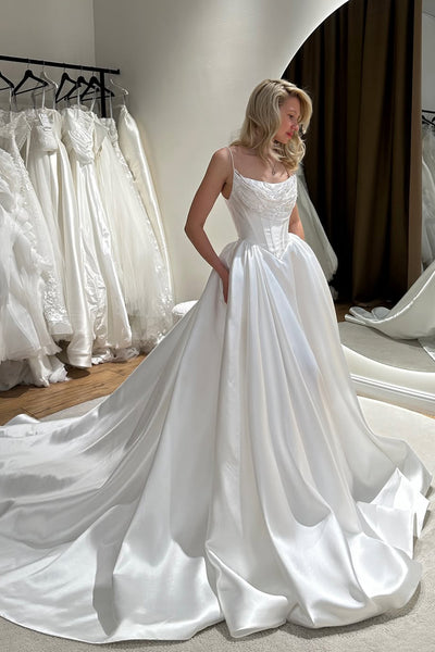 Ball Gown A Line Square Neck Satin Wedding Dress with Pockets AB26052406