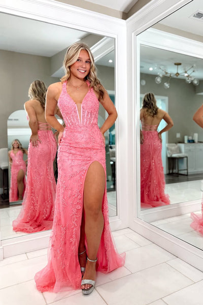 Cute Mermiad V Neck Hot Pink Lace Slit Prom Dress AB26032211
