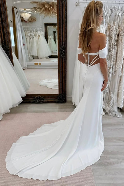 Elegant Mermaid Off the Shoulder Elastic Satin Wedding Dress with Slit AB25112403