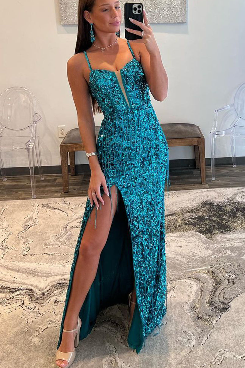 Charming Sheath V Neck Teal Sequins Long Prom Dress with Beading AB100602