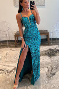 Charming Sheath V Neck Teal Sequins Long Prom Dress with Beading AB100602