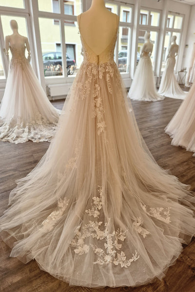 Bohemian A Line V Neck Tulle Long Wedding Dress with Appliques AB26072412